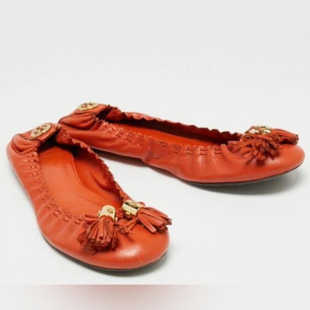 Tory Burch Orange Leather Tassel Scrunch Ballet Flats 7.5